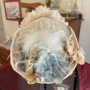 Victorian Reproduction Trimmed Off-White Bonnet Hat Tulle Bow
